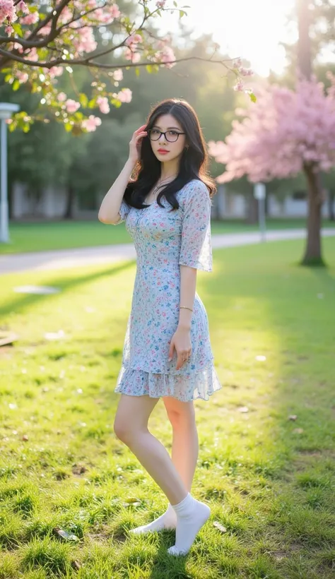 Heres a high-quality prompt for a masterpiece image: A majestic solo female figure stands tall (1.3) in the morning sunlight (1.2) amidst a serene flower park backdrop (1.2). The subject, dressed in an elegant flower patern dress and matching socks, dons s...