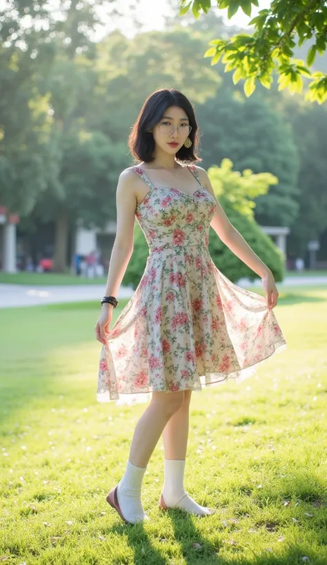 Heres a high-quality prompt for a masterpiece image: A majestic solo female figure stands tall (1.3) in the morning sunlight (1.2) amidst a serene flower park backdrop (1.2). The subject, dressed in an elegant flower patern dress and matching socks, dons s...