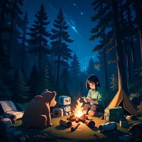 High quality, 8k, night, forest,  bonfire , Robot, female, Black hair,  cute , camping, Comfortable, bear