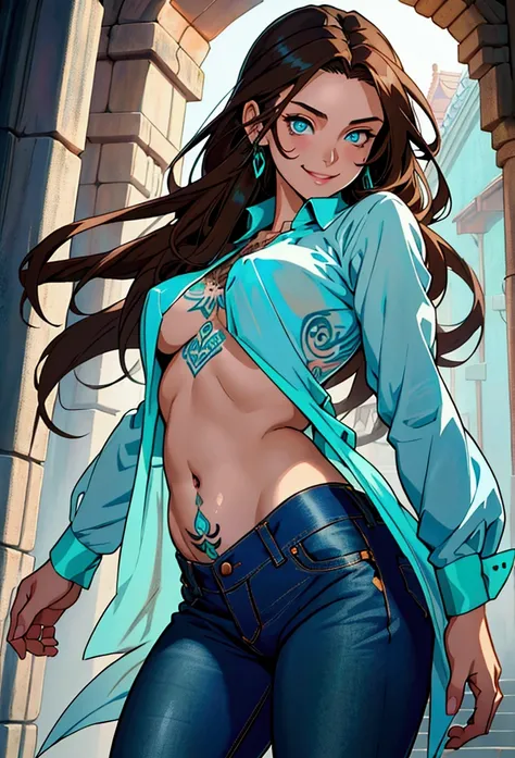 young girl, very long dark brown hair, light blue eyes, smile, open belly, jeans, turquoise silk shirt, sexy body, magic tattoo, Masterpiece, best quality, Full HD, 8k, ultra details, great graphic, anime style, 2D, detailed eyes, beautiful eyes, beautiful...