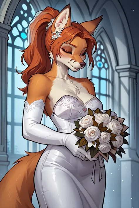 (zPDXL2), (PonyXLV6_Scores), rating_safety, Expressiveh, portrait shot, BREAK
lhata4564, d3t41l3d, 
solo, (furry, anthro), female, Lilyan,  European girl, (ginger tail fox girl, furry snout), (standing, holding bouquet:1.35), tight ponytail, (wedding dress...