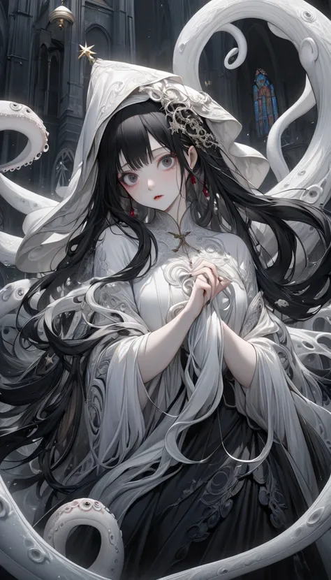  one woman。
 realistic drawing。 high image quality。 High Quality 。 aerial perspective 。solo。Pale colors。
 Christmas:1.5。 Santa Claus。
  long black hair 。 
Personalization。Long nails。  upper body。
 slender。Droopy eyes。A mythical female monster with a human ...