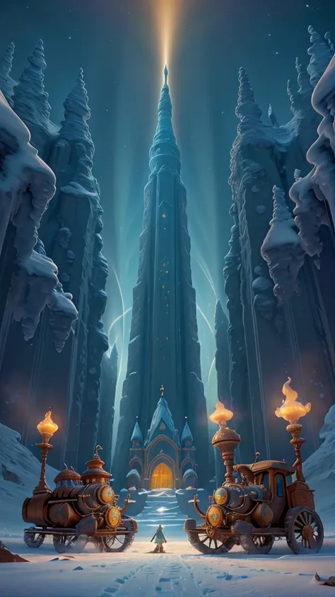 A whimsical and surreal depiction of an adventurous expedition to the icy poles, inspired by the early 20th-century fantastical cinema. Gigantic, exaggerated snow-capped landscapes stretch into the horizon, with otherworldly ice formations resembling tower...