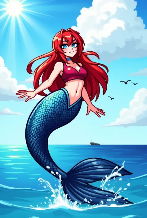 A beautifully detailed pixel art of a stunning mermaid with long, flowing red hair, cascading in soft, pixel-perfect waves, highlighted by vibrant streaks. Her sapphire-blue, almond-shaped eyes gleam with a captivating depth, framed by delicate lashes. She...