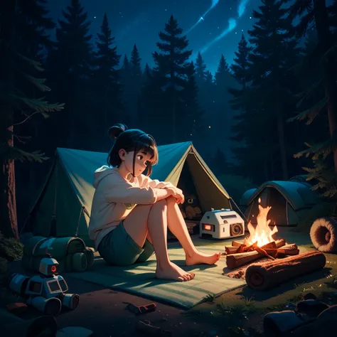 High quality, 8k, night, forest,  bonfire , Robot, female, Barefoot, Black hair,  cute , camping, Comfortable, bear