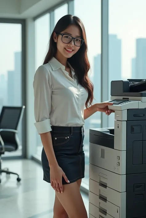 Asian female, wearing short skirt, pantyhose, not wearing shoes, no shoes, tight button down shirt , glasses, big tits, standing at copy machine、modern office, huge windows. cityscape, smiling,