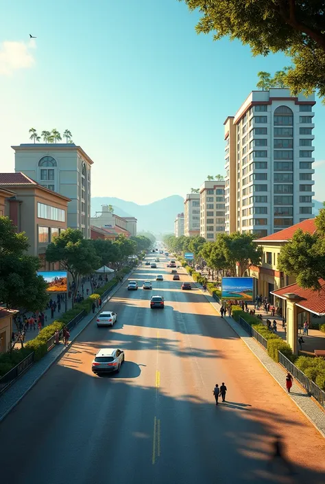 Modern Bomet town with blue sky, sunlight, clean roads, few vehicles, few people, billboards drawn landscapes of Bomet county, tall buildings and hotels 