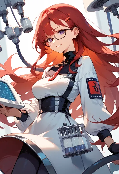 masterpiece, high definition , top quality,8k
(Mars ,red Hair, purple Eyes long hair, glasses)
(Scientific uniform)
smile