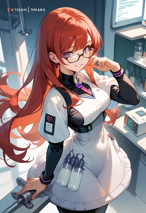 masterpiece, high definition , top quality,8k
(Mars ,red Hair, purple Eyes long hair, glasses)
(Scientific uniform)
smile