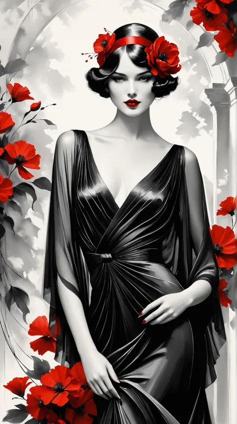 Create an exquisite illustration of a captivating woman inspired by the elegance of the 1920s, rendered in a stunning pen sketch style. The artwork should be in black and white, featuring loose brushwork and intricate pen outlines that highlight her gracef...