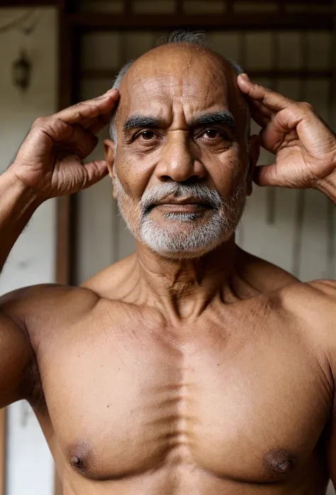 Indian Old man, big face, pointed nose, wrinkled face, sharp eyebrows, chubby face, bald head, black moustache, wide shoulders, muscular hands, long hands, big hands, large body torso, muscular built, wearing a white pyjama, translucent kurta,  looks like ...