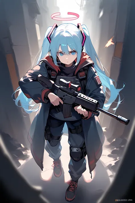 score_9, nai3 style, [Angel soldier :Miku Hatsune:0.6]  in an epic pose in the ruined setting holding a rifle with a serious face,  full body, Apocalyptic scenario , detail,  View from top to bottom , solar lighting