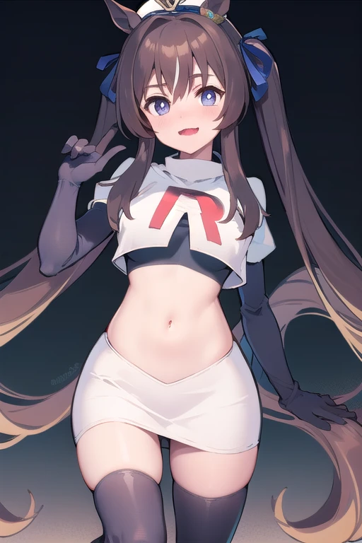 masterpiece, best quality, detailed, highly detailed, ultra detailed, vivlos (umamusume), horse tail, hat, blue ribbon, anchor ornament, team rocket,team rocket uniform,white skirt,red letter R,crop top,black thigh-highs,black elbow gloves,