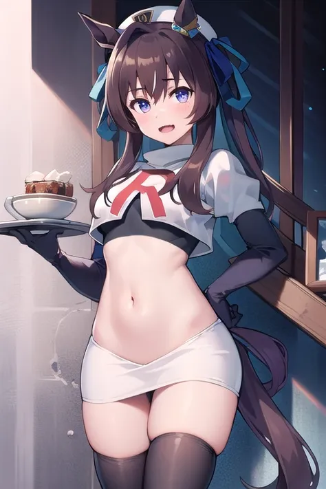 masterpiece, best quality, detailed, highly detailed, ultra detailed, vivlos (umamusume), horse tail, hat, blue ribbon, anchor ornament, team rocket,team rocket uniform,white skirt,red letter R,crop top,black thigh-highs,black elbow gloves,