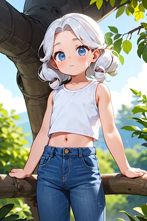  I am looking for an illustration of a shirtless boy student with white gunk on his forehead and chest high-waisted mom jeans curly hair treehouse.