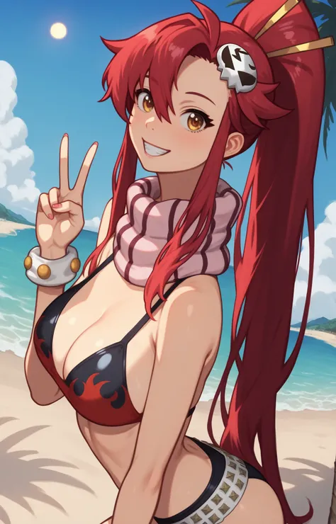 score_9, score_8_up, score_7_up, score_6_up, score_5_up, score_4_up, BREAK source_anime,1girl, clothed, yoko littner, v, in beach, sunny , sea, sand, sun, by nilsunna, looking at viewer, happy, dutch angle, curvy