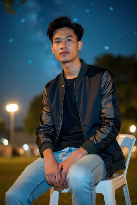 A handsome young Chinese-faced Indonesian guy sitting on a white chair in a relaxed pose. He is wearing a t-shirt jacket with transparent details on the sleeves, combined with a black t-shirt. Light blue jeans rolled up at the bottom complete his look, pai...