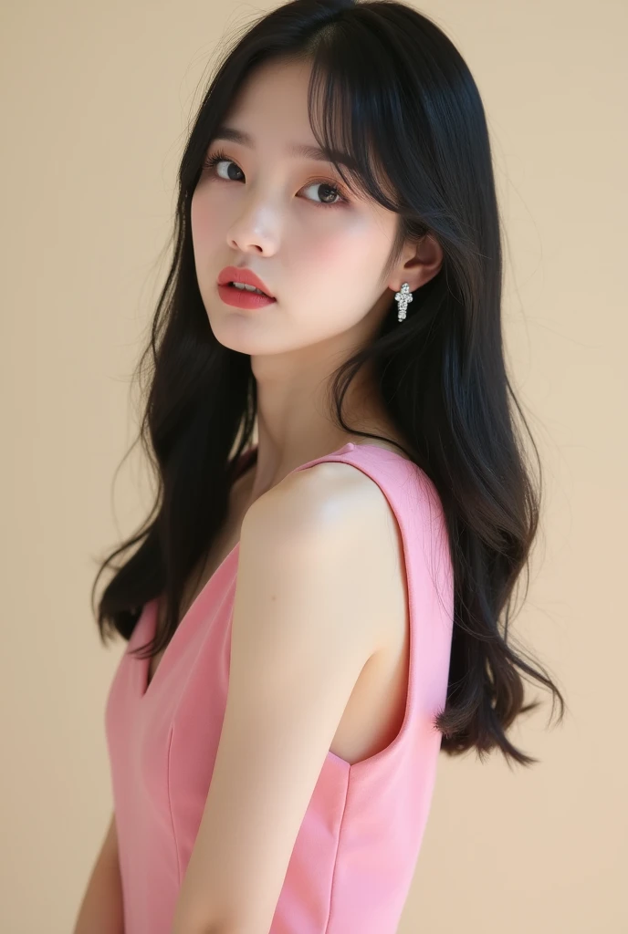 A beautiful Chinese female model with long, straight black hair. She is twenty years old with a Chinese face. She is wearing a sleeveless pink A-line dress. She has cream eyeshadow and pink lipstick. She appears quiet, indifferent, firm, fierce, angry, ind...