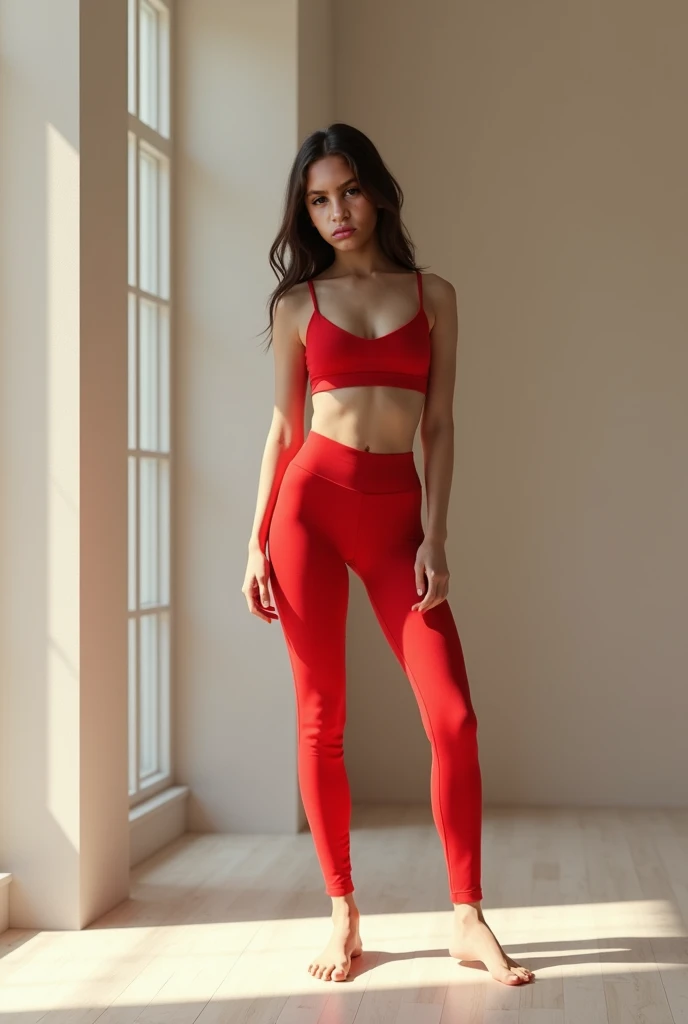 cette fille en leggings rouge avec pied croisé 1m48