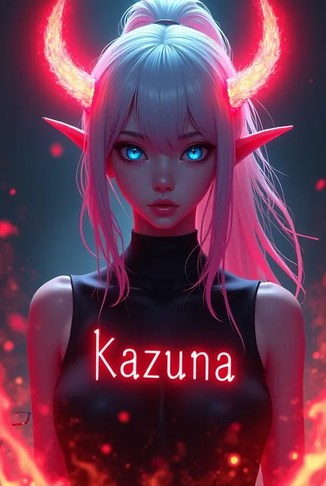 Inscription "Kazuna"et dun logo dune fille démon aux yeux bleu azur et des cheveux en queue de cheval blanc et mèches roses ainsi que des cornes rouges en lumière néon avec des flammes sur un mur.