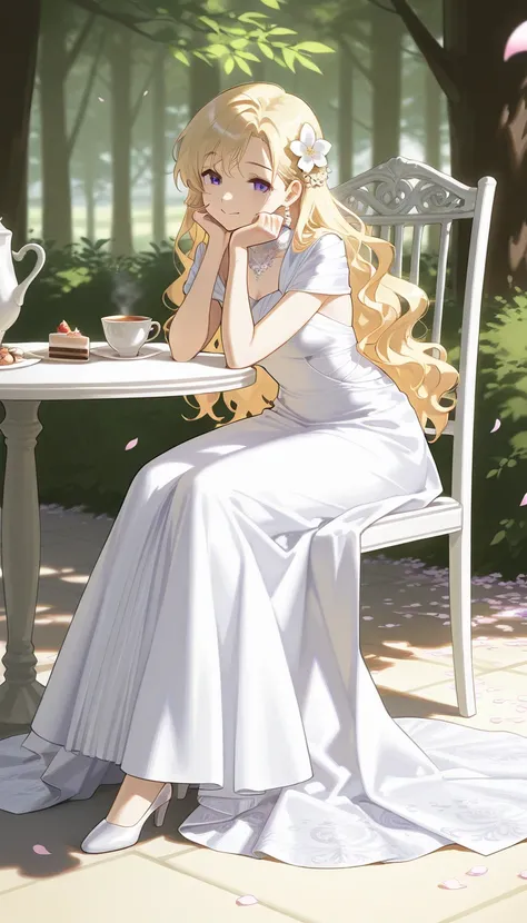 elegant style, soft realism, best quality, beautiful blonde-haired woman in intricate white goddess dress, intricate fabric details, sitting gracefully, elegant jewelry, peaceful and refined atmosphere, petals scattered on the ground, soft shadows, gentle ...