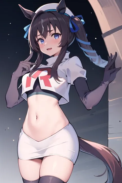 masterpiece, best quality, detailed, highly detailed, ultra detailed, vivlos (umamusume), horse tail, hat, blue ribbon, anchor ornament, team rocket,team rocket uniform,white skirt,red letter R,crop top,black thigh-highs,black elbow gloves, cowboy shot