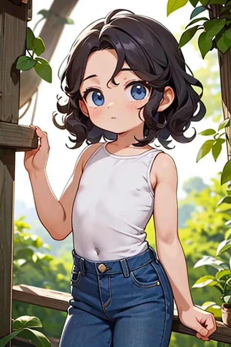  I am looking for an illustration of a shirtless boy student with white gunk on his forehead and chest high-waisted mom jeans curly hair inside treehouse.