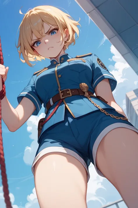 Short Hair、Blonde、Blue Eyes、 in the blue uniform 、 clothes that are perfect enough to clearly show your body lines。 SHORTS。Hold the rope。 angle from below 、 looks down、Glare。