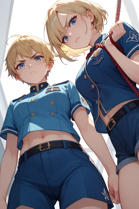 Short Hair、Blonde、Blue Eyes、 in the blue uniform 、 clothes that are perfect enough to clearly show your body lines。 SHORTS。Hold the rope。 angle from below 、 looks down、Glare。