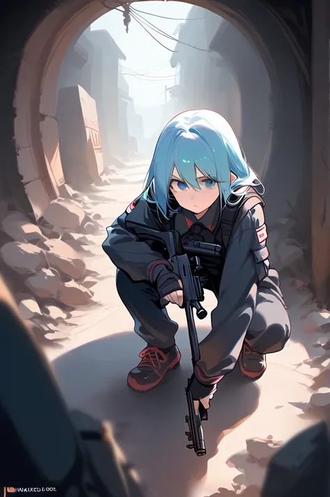 score_9, nai3 style, [Angel soldier:miku hatsune:0.6] in an epic pose in the ruined setting holding a rifle with a serious face, full body, apocalyptic setting, detail, top down view, sunlight