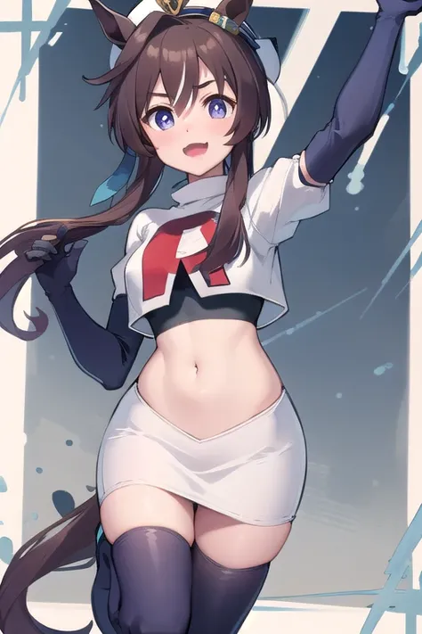 masterpiece, best quality, detailed, highly detailed, ultra detailed, vivlos (umamusume), horse tail, hat, blue ribbon, anchor ornament, team rocket,team rocket uniform,white skirt,red letter R,crop top,black thigh-highs,black elbow gloves, cowboy shot