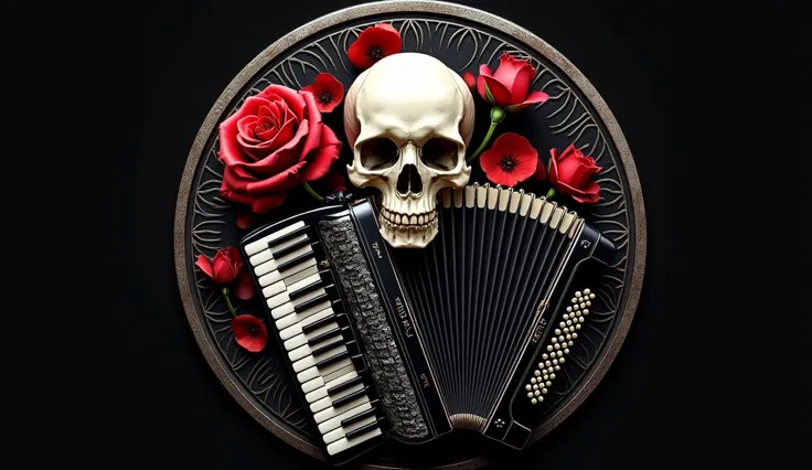 “A high-quality, circular logo for a musical theme, featuring a detailed and harmonious composition with three key elements. On the left side, a realistic red rose with intricate petals and subtle shadows symbolizes beauty and fragility. On the right side,...