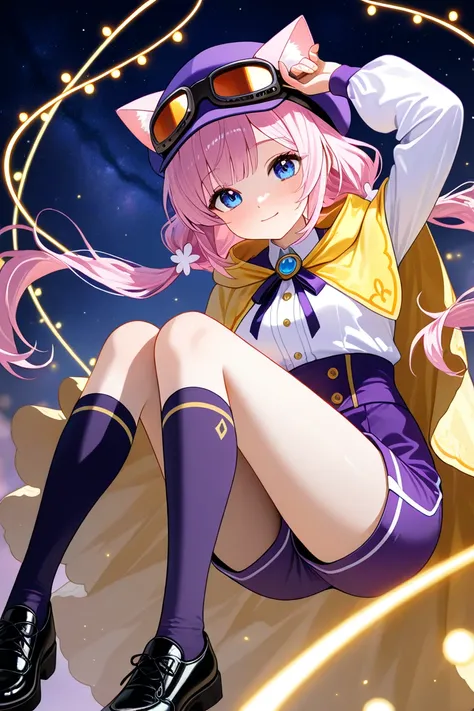 1girl, a light smile on her face, wearing a dark purple school uniform with a zip-up front and a yellow hood on the back. Her sleeves are white, and shes got a white shirt underneath. She sports a purple cap with a yellow brim and cute purple cat ears, wit...