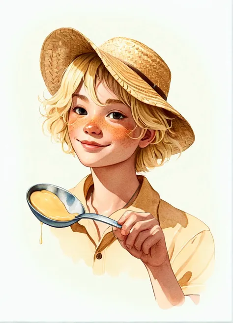  rens illustration . For rens books,  drawing of a  in a straw hat with blond hair, holds a spoon with condensed milk in front of him ...