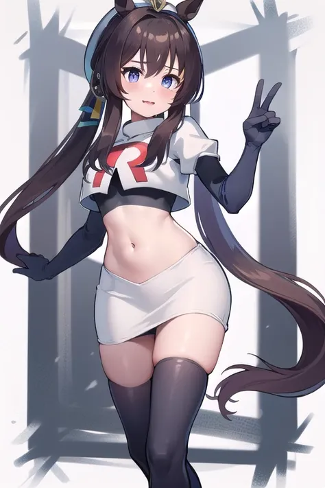 masterpiece, best quality, detailed, highly detailed, ultra detailed, vivlos (umamusume), horse tail, hat, blue ribbon, anchor ornament, team rocket,team rocket uniform,white skirt,red letter R,crop top,black thigh-highs,black elbow gloves, cowboy shot