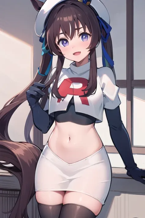 masterpiece, best quality, detailed, highly detailed, ultra detailed, vivlos (umamusume), horse tail, hat, blue ribbon, anchor ornament, team rocket,team rocket uniform,white skirt,red letter R,crop top,black thigh-highs,black elbow gloves, cowboy shot