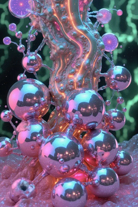 A close up of beautiful bubbles floating on top of each other, Glowing Nightmare, Glowing Runes_green Glowing Runes_pink,LSD, DMT imagery. octane render, psychedelic droplets of water, abstract liquid, and intricate rainbow art. octane render, black 3d flu...