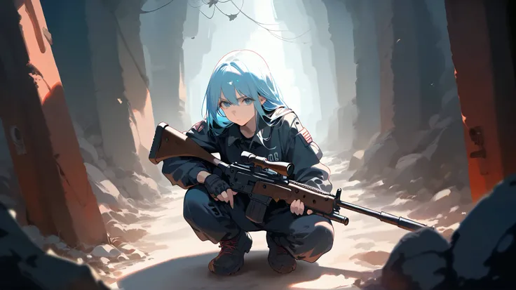 score_9, nai3 style, [Angel soldier:miku hatsune:0.6] in an epic pose in the ruined setting holding a rifle with a serious face, full body, apocalyptic setting, detail, top down view, sunlight