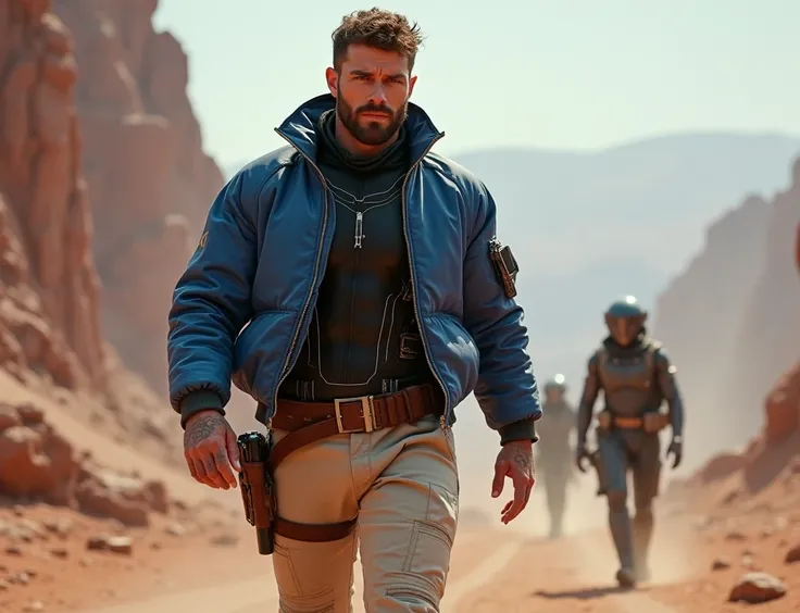 Muscular 6 foot 2 inches human white man with short curly brown hair and beard, piercing pale grey eyes handsome, wearing blue sci fi bomber jacket, with black sci fi bodysuit underneath, pale tan sci fi pants, brown boots, brown gun holster, full body, fi...