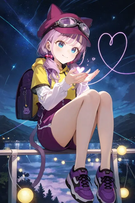 1girl, a light smile on her face, , wearing a dark purple school uniform with a zip-up front and a yellow hood on the back. Her sleeves are white, and shes got a white shirt underneath. She sports a purple cap with a yellow brim and cute purple cat ears, w...