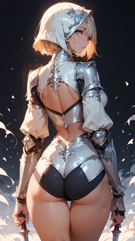Anime girl, sexy figure, nice body curves, wearing a knight armour, showing off her figure, back view, simple dark background.
