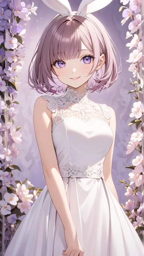  bob hair、Light purple hair color、beautiful,Perfect face,looking at the camera,beautiful eyes,Attractive purple eyes,smile,Elegant,brown hair,standing,white satin dress,bob hair,front,small white rabbit ears,Background is light salmon pink