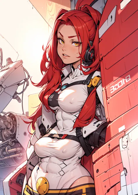 futuristic female with futuristic clothing ((((muscular girl thick large breats toned body)))) girl with red hair, yellow eyes pale skin mecha garage mecha garage