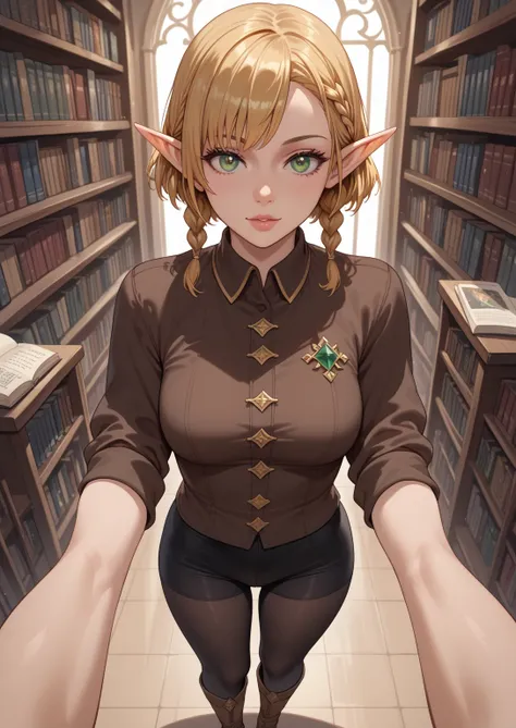 solo female, elf, adult, pointed ears, golden hair, short hair, braided hair, emerald eyes, short shirt, medium-length-sleeved shirt, brown shirt with gold trimmings, black leggings, tall brown boots, fantasy, masterpiece, highest quality, pov, library