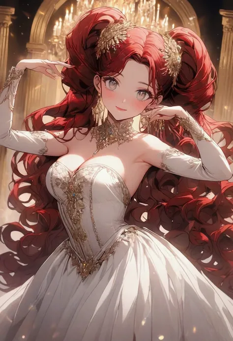 Dramatic composition, adult woman, grey eyes, royal, gorgeous, crystal chandeliers, Roman curly hairstyles, double ponytails like drills, look at the camera, bangs, maximalism, palace background, delicate portrayal of hair and eyes, white corset dress, exp...