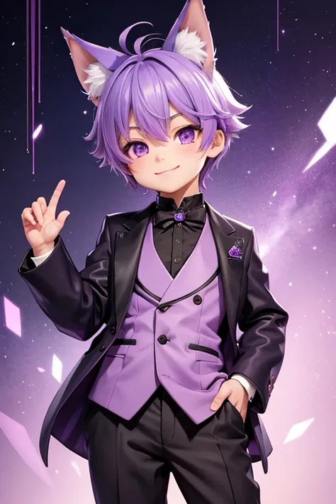 Cute shota boy, purple hairstyle, fox ears, detailed body, clothes, purple eyes, smile, art of speech, best quality 