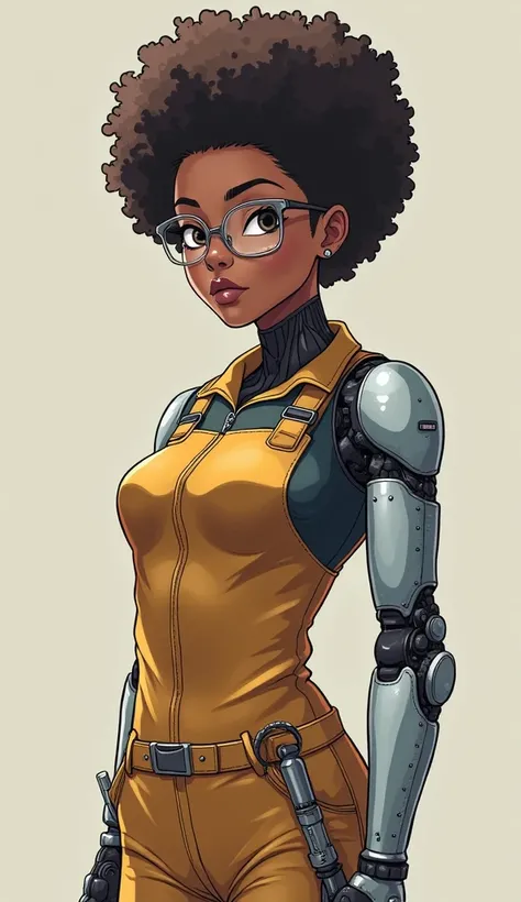  I would like your help to create anime weighings with a realistic line . The background of the image must be soft The Mechanics,  a super thin woman , with Afro camels ,  with glasses and wearing a mechanics outfit .  In one hand he holds a screwdriver . ...