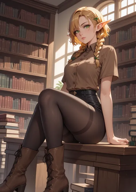 solo female, elf, hyrulean, adult, pointed ears, golden hair, short hair, braided hair, emerald eyes, short shirt, medium-length-sleeved shirt, brown shirt with gold trimmings, black leggings, tall brown boots, fantasy, masterpiece, highest quality, librar...