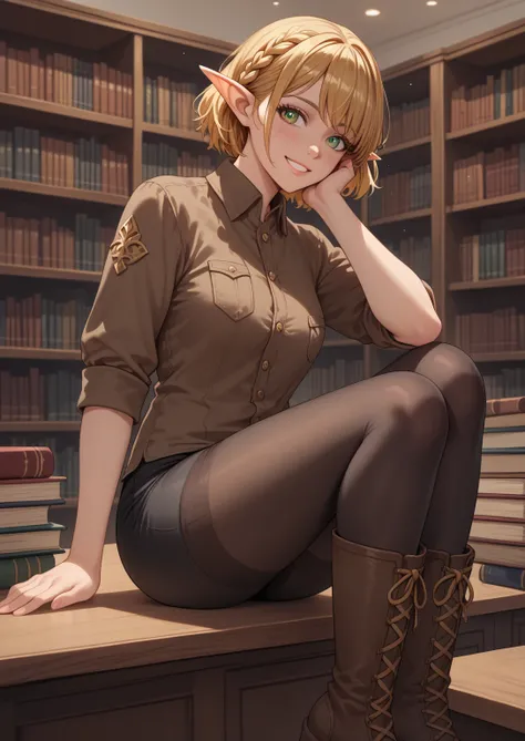 solo female, elf, hyrulean, adult, pointed ears, golden hair, short hair, braided hair, emerald eyes, short shirt, medium-length-sleeved shirt, brown shirt with gold trimmings, black leggings, tall brown boots, fantasy, masterpiece, highest quality, librar...