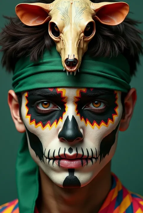 A Mexican young man, 27 years old, a short-haired mulatto guy with a green bandana on his face with a skull painted on top of his eyes and a prdr2 ferret skull on top of his eyes